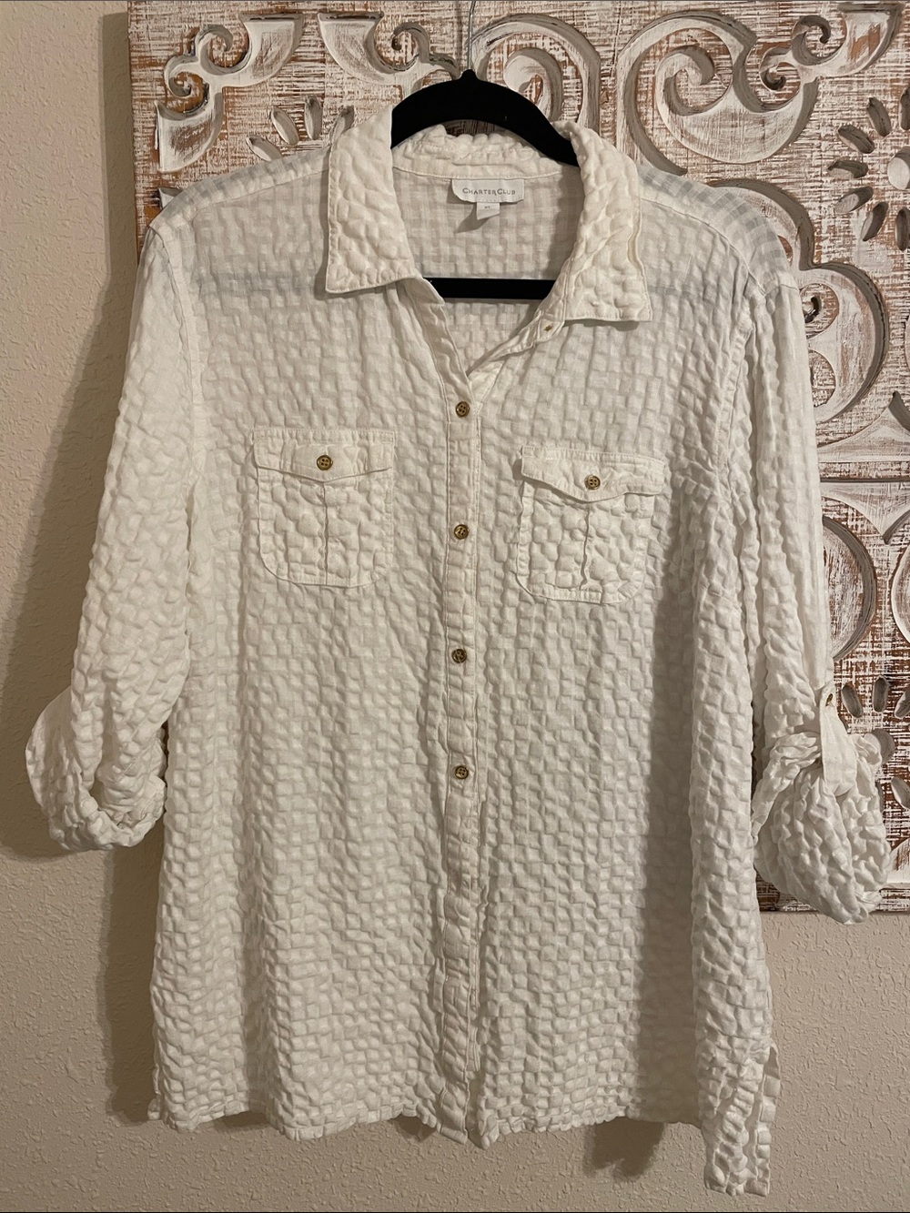 Charter Club White Textured Button-Up Top